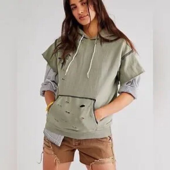 Free People Tricia Fix Stitch Short Sleeve Pullover Hoodie Size S Green - Picture 1 of 3